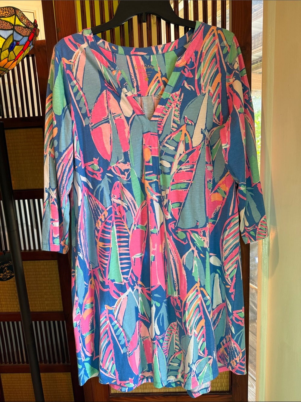 Lilly Pulitzer Vibrant Floral V-Neck Tunic Dress - Pink & Blue